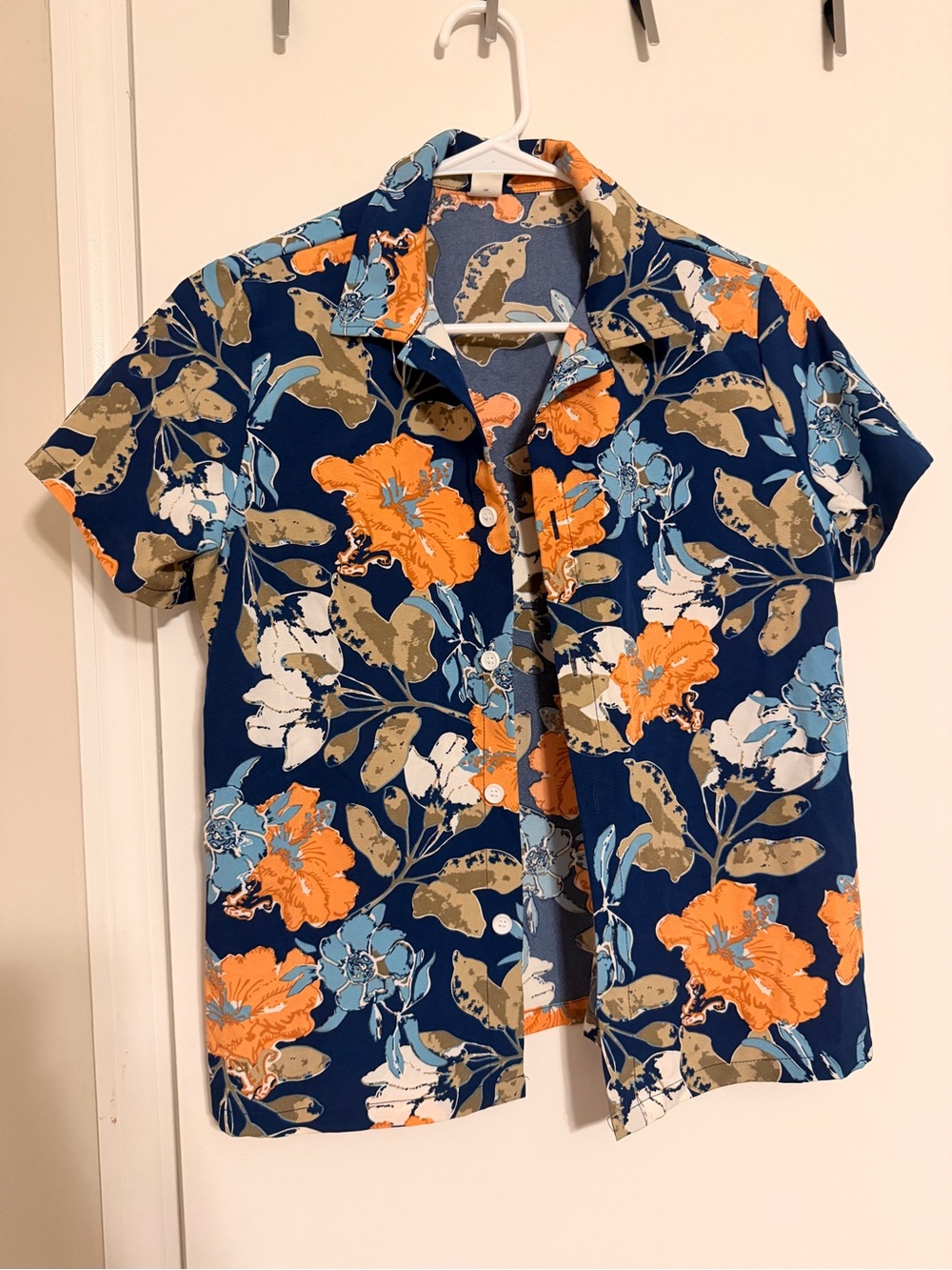 SHEIN Navy Short-Sleeve Button-Down with Orange & Light Blue Floral Print